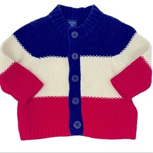 Baby cardigan knit sweater red, white and navy. Size 6-12 months button up